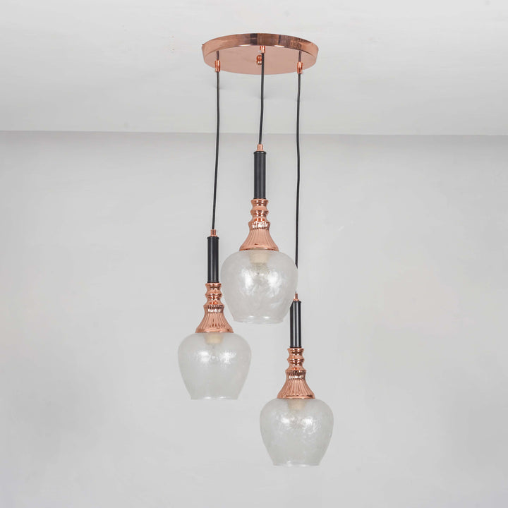 HIRST 3 Light Cascade Ceiling Pendant In Rose Gold And Black Finish Metal With Textured Clear Glass Shades