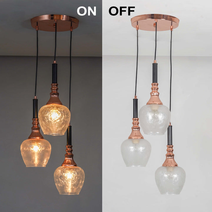 HIRST 3 Light Cascade Ceiling Pendant In Rose Gold And Black Finish Metal With Textured Clear Glass Shades
