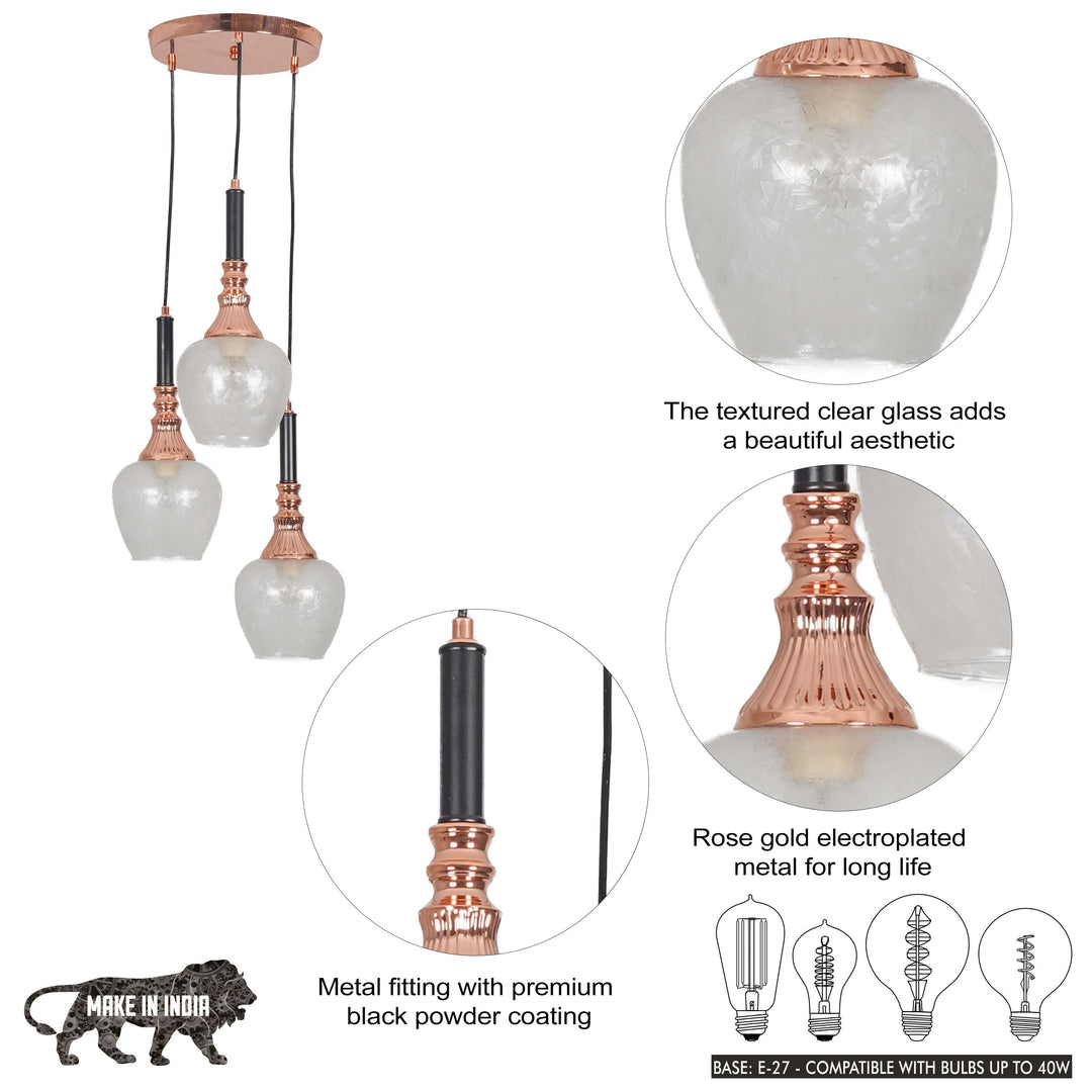 HIRST 3 Light Cascade Ceiling Pendant In Rose Gold And Black Finish Metal With Textured Clear Glass Shades