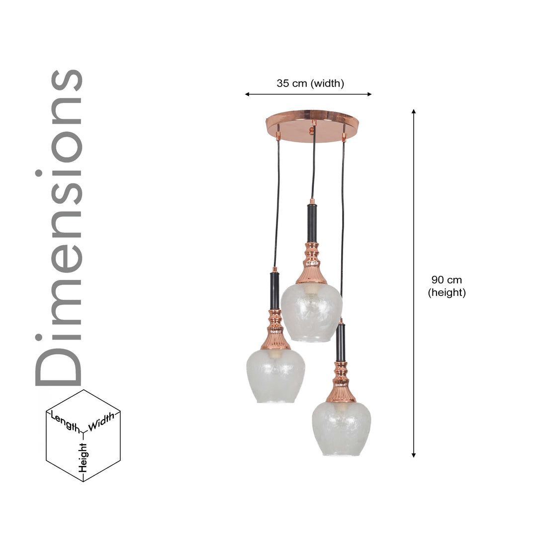 HIRST 3 Light Cascade Ceiling Pendant In Rose Gold And Black Finish Metal With Textured Clear Glass Shades