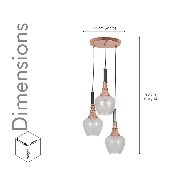 HIRST 3 Light Cascade Ceiling Pendant In Rose Gold And Black Finish Metal With Textured Clear Glass Shades