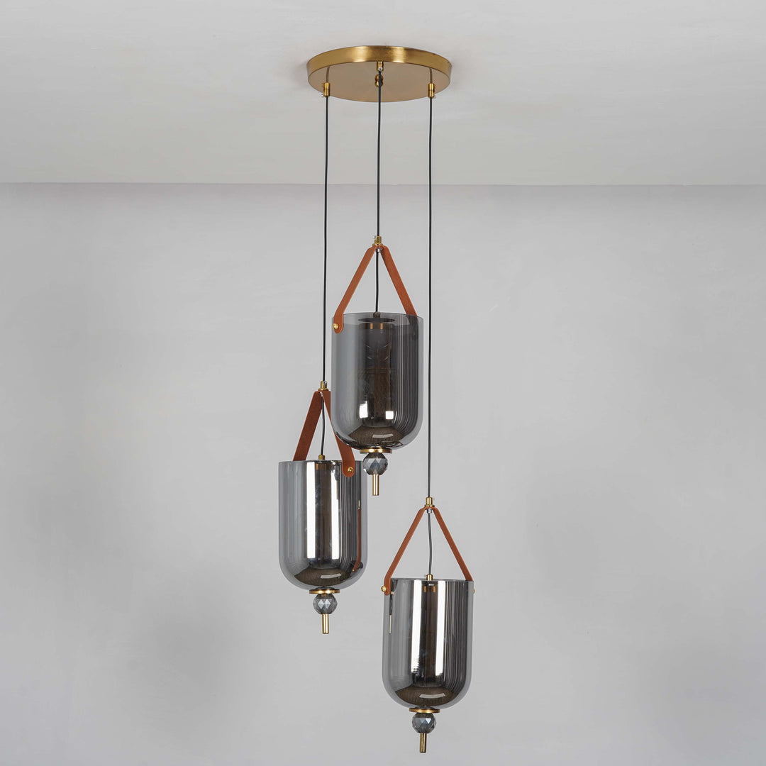 DUO Integrated 3-Light LED Ceiling Pendant In Brass Finish Metal And Brown Leather with Gray Glass Shades