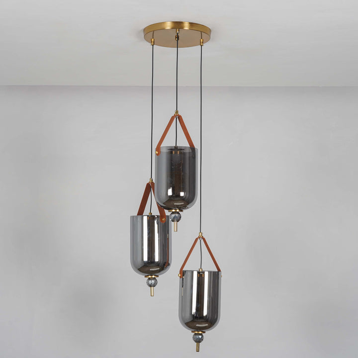 DUO Integrated 3-Light LED Ceiling Pendant In Brass Finish Metal And Brown Leather with Gray Glass Shades