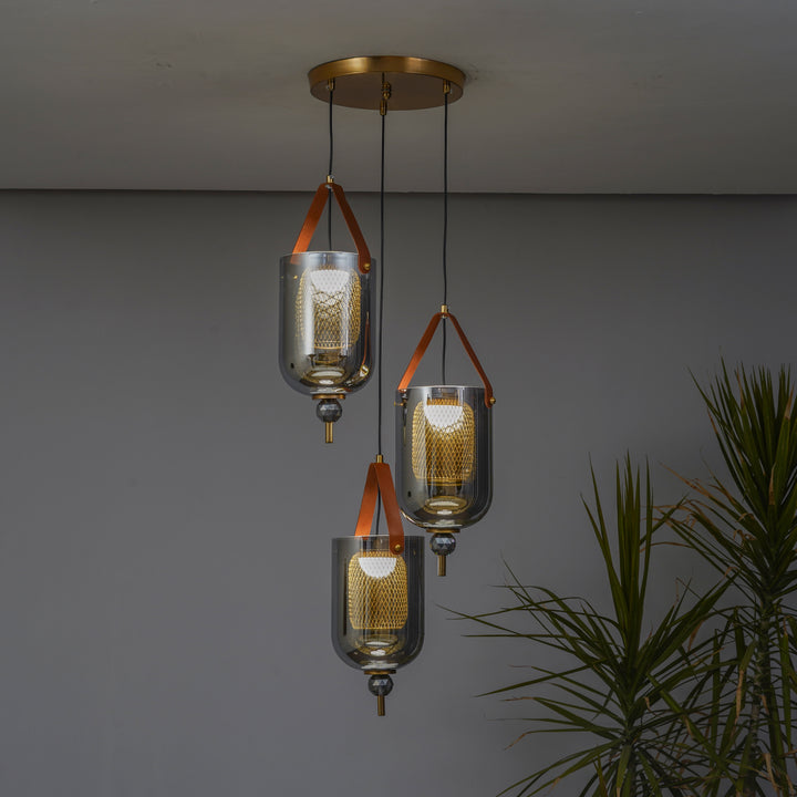DUO Integrated 3-Light LED Ceiling Pendant In Brass Finish Metal And Brown Leather with Gray Glass Shades
