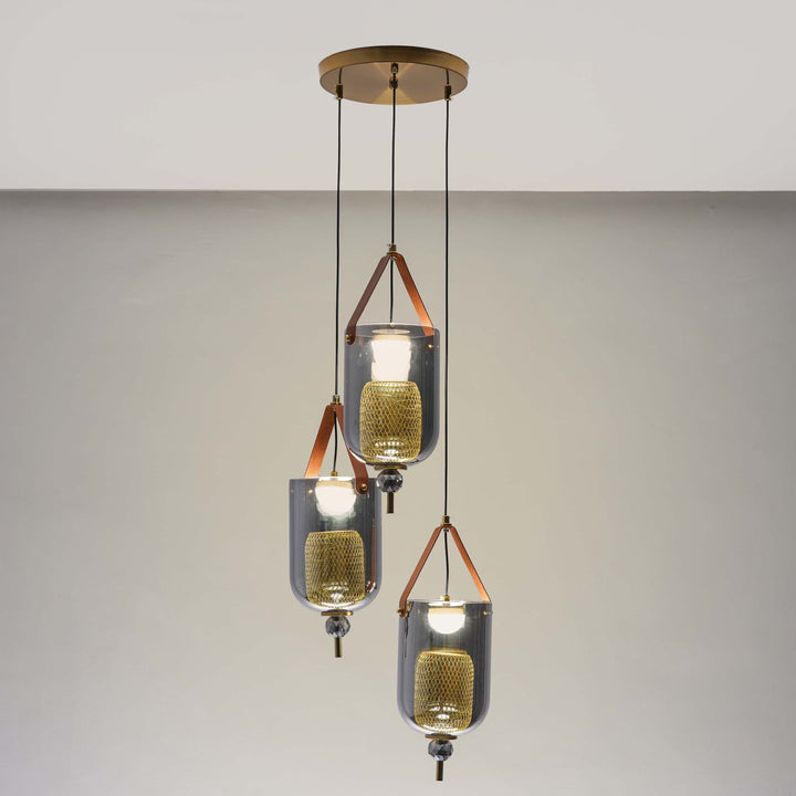 DUO Integrated 3-Light LED Ceiling Pendant In Brass Finish Metal And Brown Leather with Gray Glass Shades