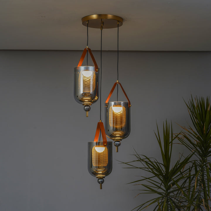 DUO Integrated 3-Light LED Ceiling Pendant In Brass Finish Metal And Brown Leather with Gray Glass Shades