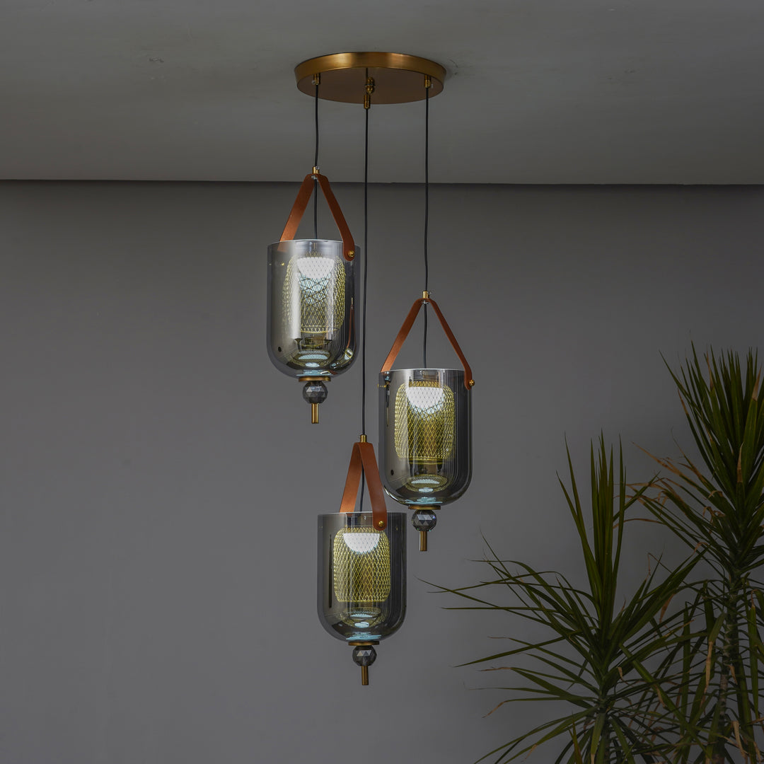 DUO Integrated 3-Light LED Ceiling Pendant In Brass Finish Metal And Brown Leather with Gray Glass Shades