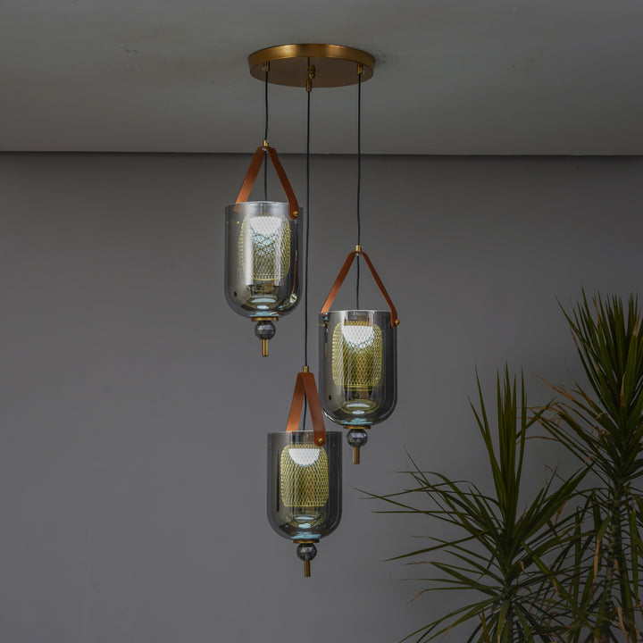 DUO Integrated 3-Light LED Ceiling Pendant In Brass Finish Metal And Brown Leather with Gray Glass Shades