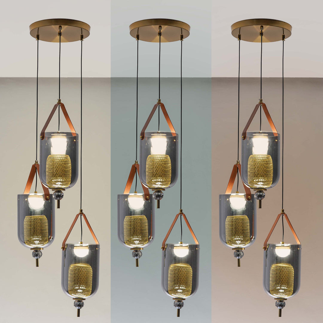 DUO Integrated 3-Light LED Ceiling Pendant In Brass Finish Metal And Brown Leather with Gray Glass Shades