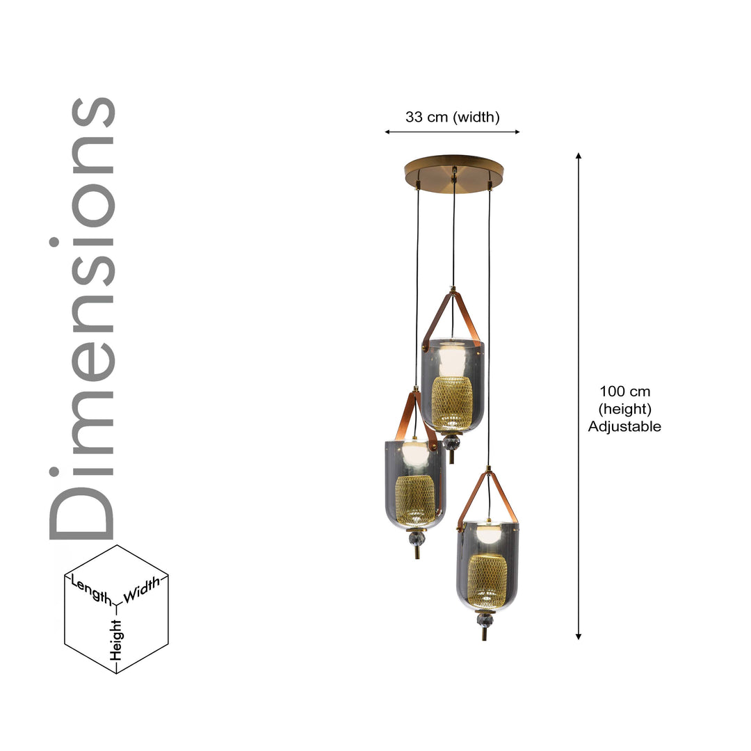 DUO Integrated 3-Light LED Ceiling Pendant In Brass Finish Metal And Brown Leather with Gray Glass Shades