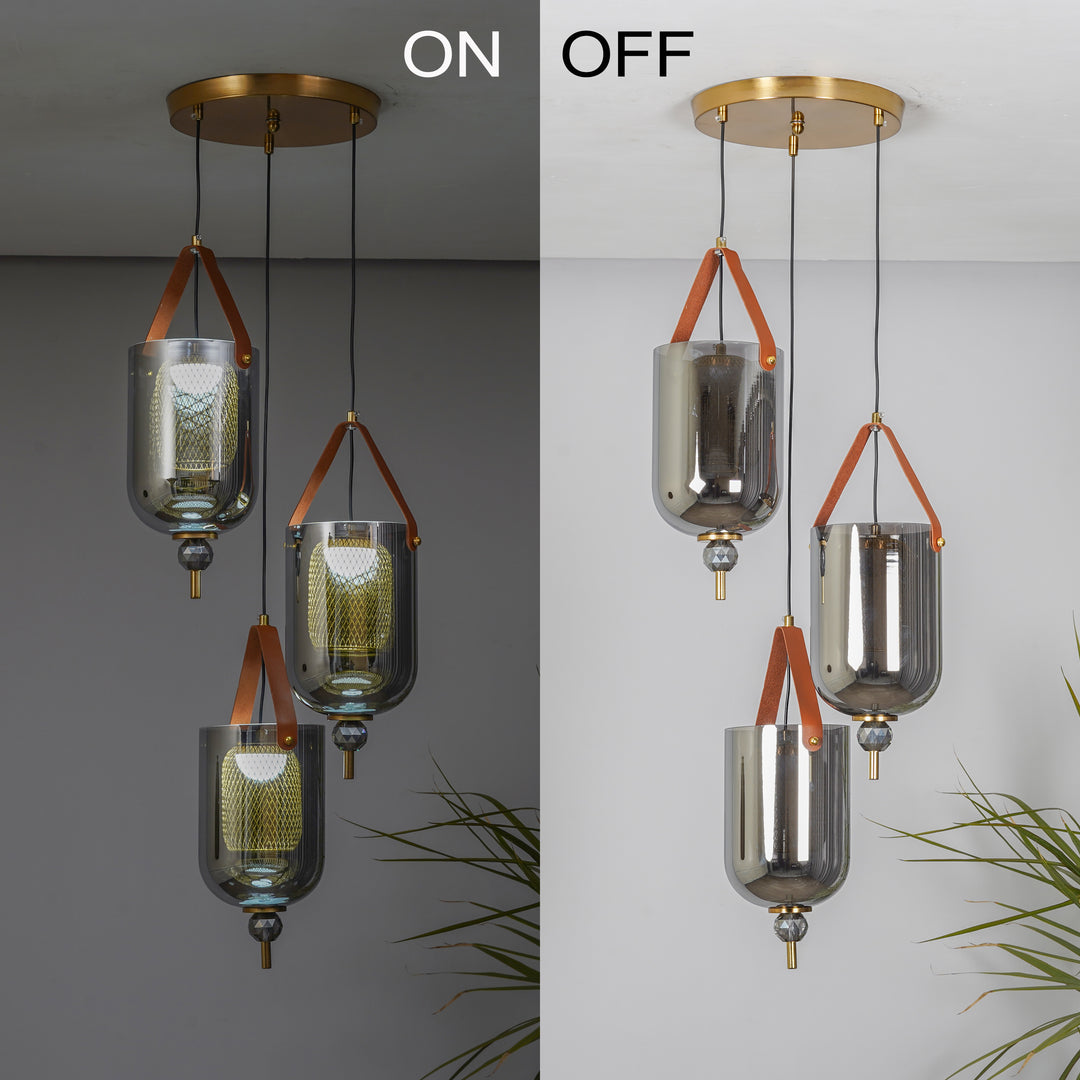 DUO Integrated 3-Light LED Ceiling Pendant In Brass Finish Metal And Brown Leather with Gray Glass Shades