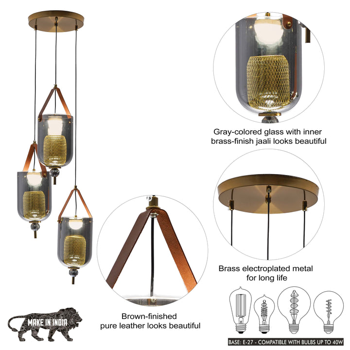 DUO Integrated 3-Light LED Ceiling Pendant In Brass Finish Metal And Brown Leather with Gray Glass Shades