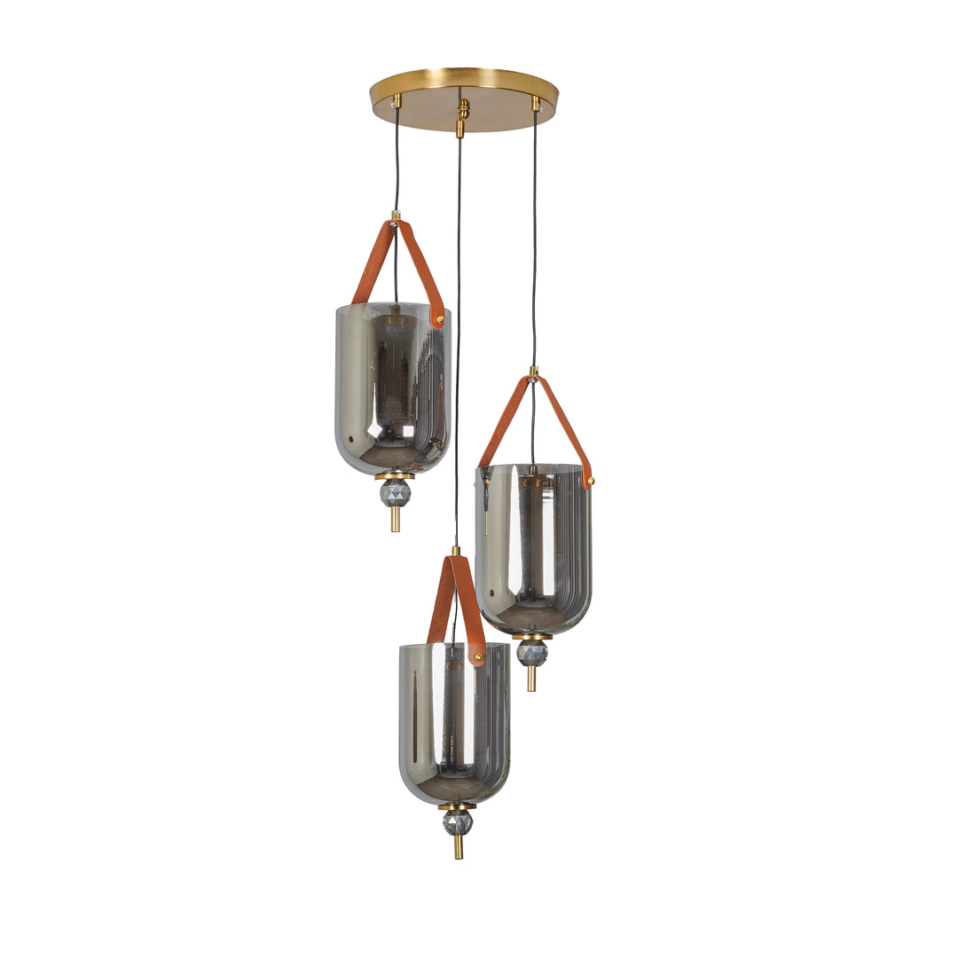 DUO Integrated 3-Light LED Ceiling Pendant In Brass Finish Metal And Brown Leather with Gray Glass Shades