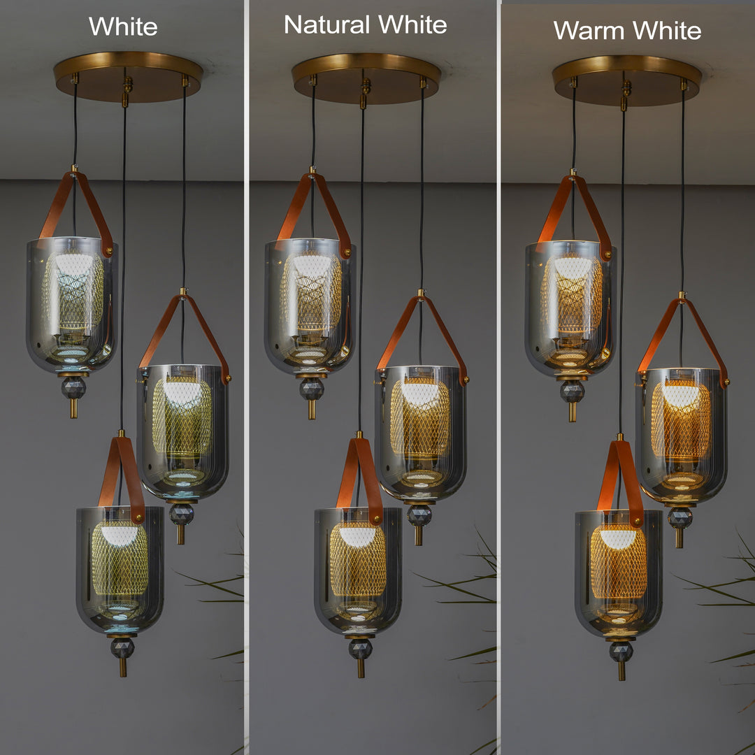 DUO Integrated 3-Light LED Ceiling Pendant In Brass Finish Metal And Brown Leather with Gray Glass Shades