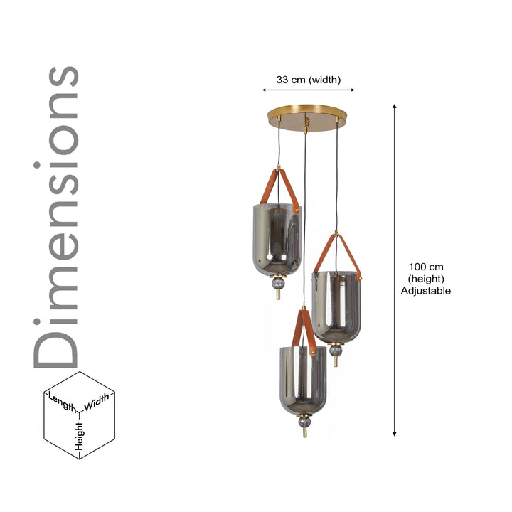 DUO Integrated 3-Light LED Ceiling Pendant In Brass Finish Metal And Brown Leather with Gray Glass Shades