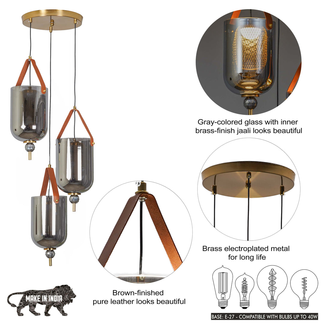 DUO Integrated 3-Light LED Ceiling Pendant In Brass Finish Metal And Brown Leather with Gray Glass Shades