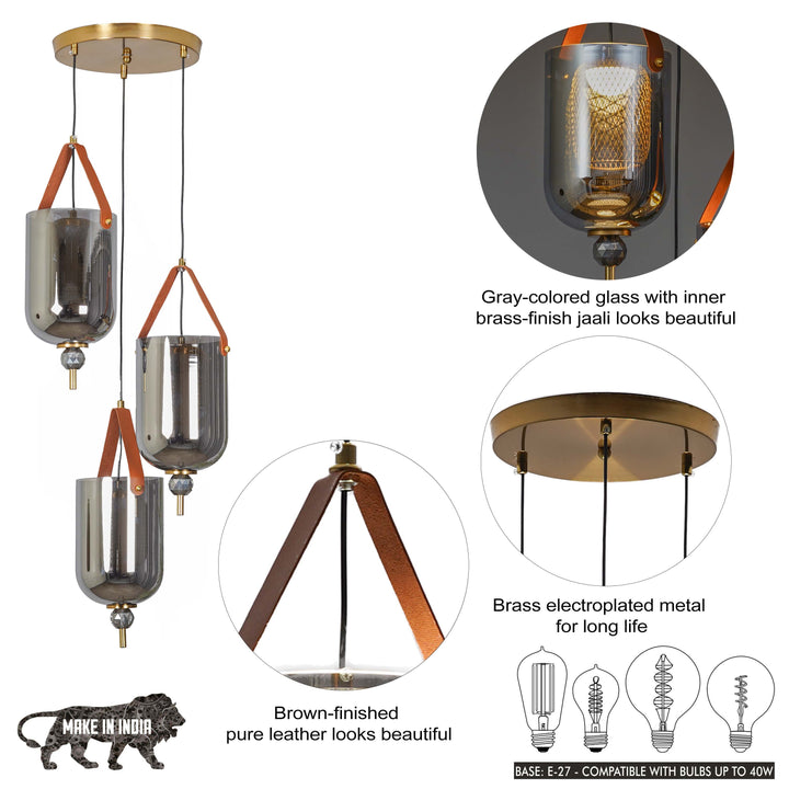 DUO Integrated 3-Light LED Ceiling Pendant In Brass Finish Metal And Brown Leather with Gray Glass Shades