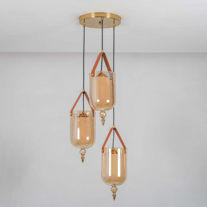 FILO 3 Light Cascade Ceiling Pendant In Brass Finish Metal And Brown Leather With Frosted White Glass Shades