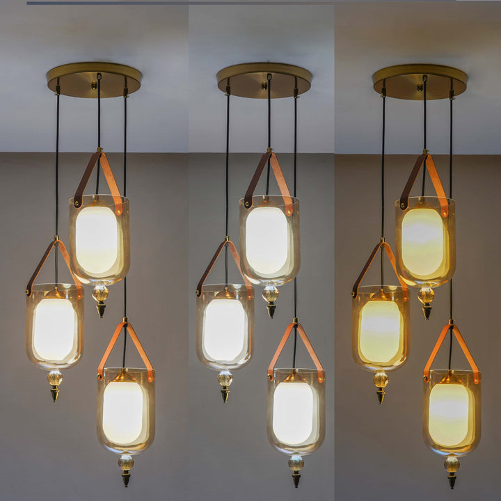 FILO 3 Light Cascade Ceiling Pendant In Brass Finish Metal And Brown Leather With Frosted White Glass Shades