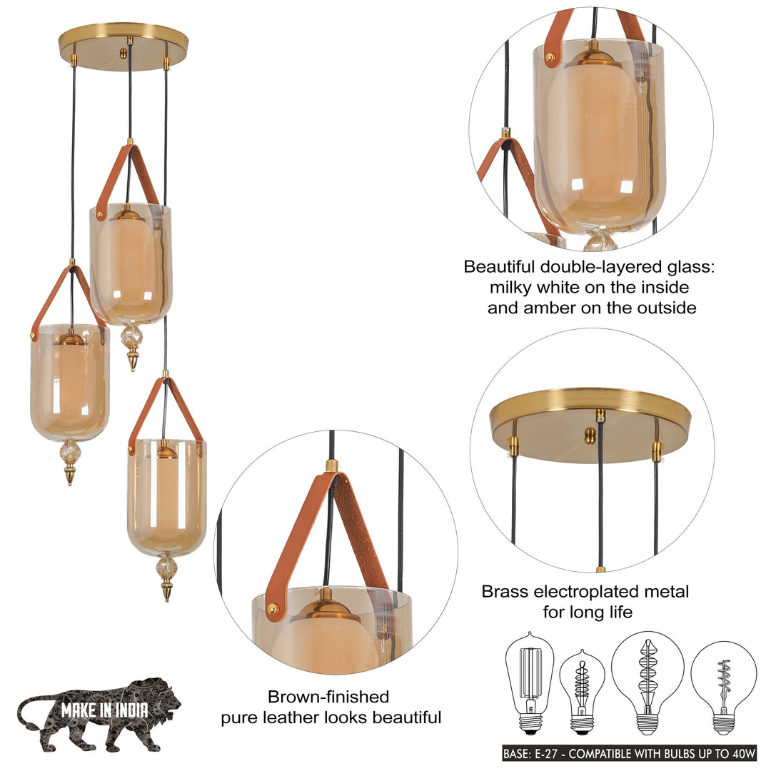 FILO 3 Light Cascade Ceiling Pendant In Brass Finish Metal And Brown Leather With Frosted White Glass Shades