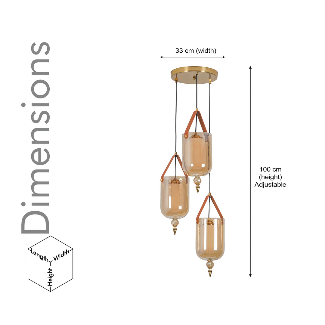 FILO 3 Light Cascade Ceiling Pendant In Brass Finish Metal And Brown Leather With Frosted White Glass Shades
