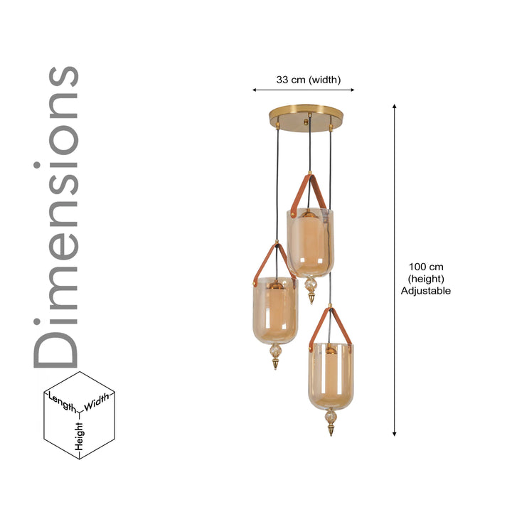FILO 3 Light Cascade Ceiling Pendant In Brass Finish Metal And Brown Leather With Frosted White Glass Shades