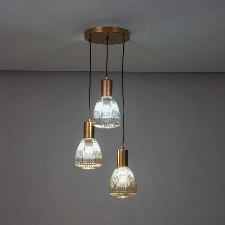 KLIMT 3 Light Ceiling Pendant In Brass Finish Metal With Amber Rippled Glass Shades