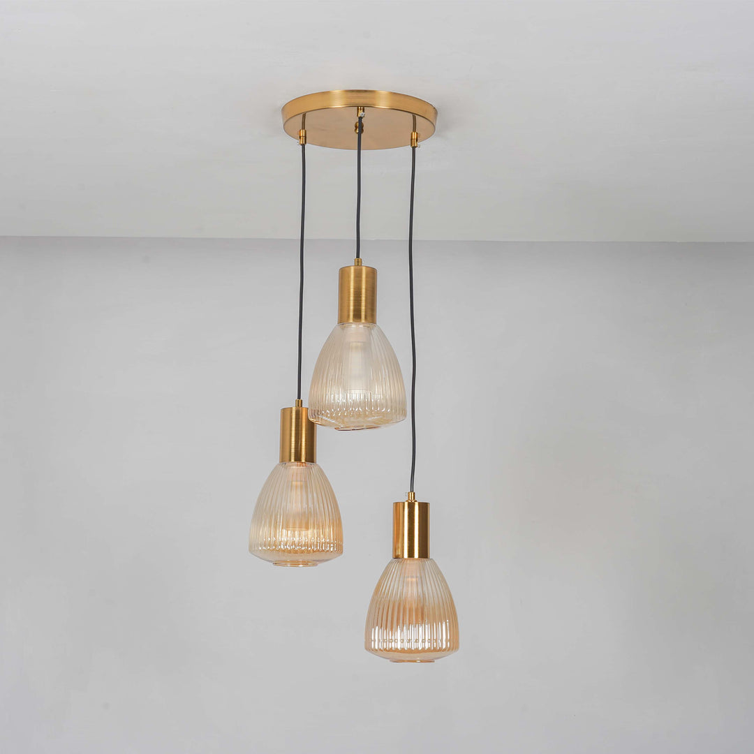 KLIMT 3 Light Ceiling Pendant In Brass Finish Metal With Amber Rippled Glass Shades
