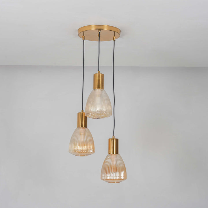 KLIMT 3 Light Ceiling Pendant In Brass Finish Metal With Amber Rippled Glass Shades