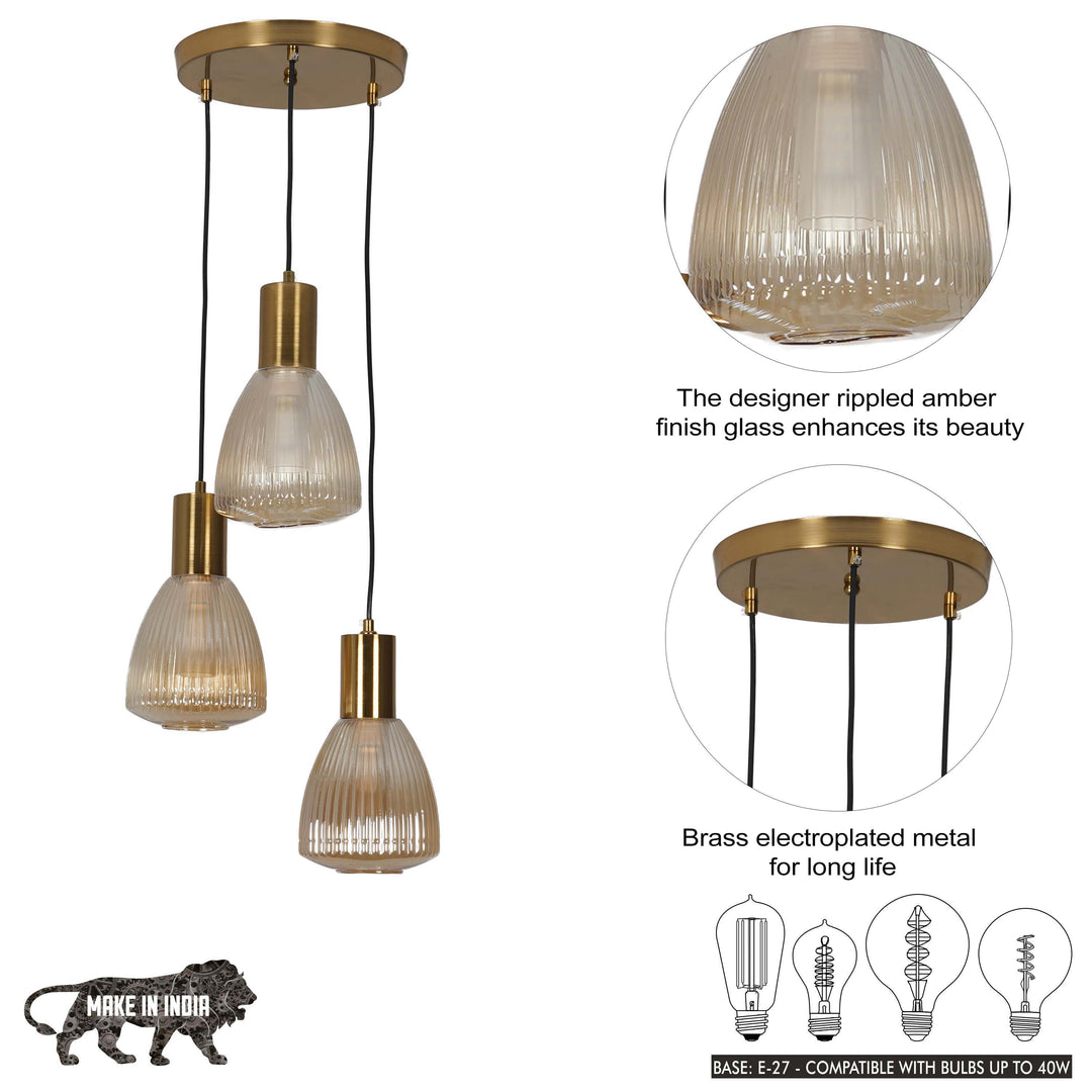 KLIMT 3 Light Ceiling Pendant In Brass Finish Metal With Amber Rippled Glass Shades