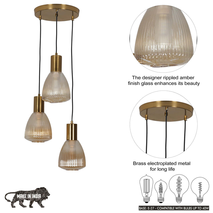 KLIMT 3 Light Ceiling Pendant In Brass Finish Metal With Amber Rippled Glass Shades