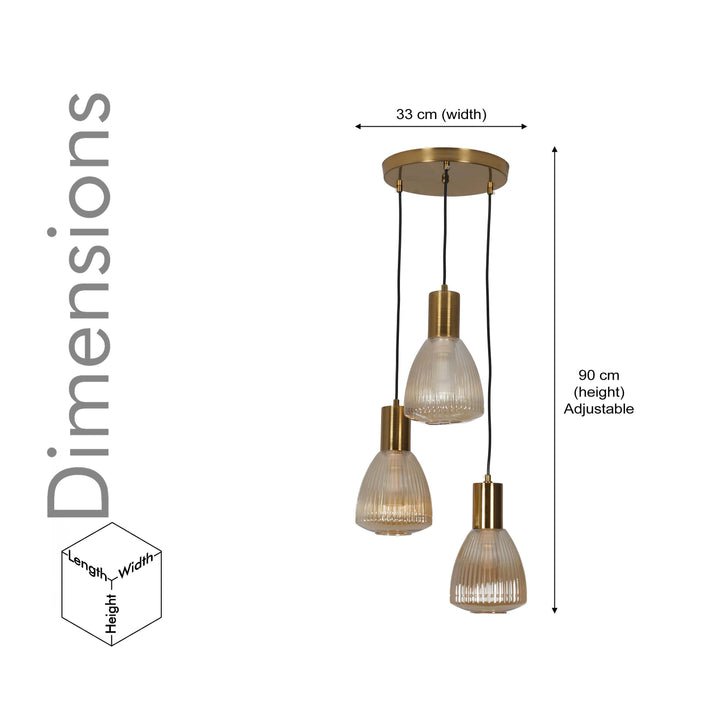 KLIMT 3 Light Ceiling Pendant In Brass Finish Metal With Amber Rippled Glass Shades