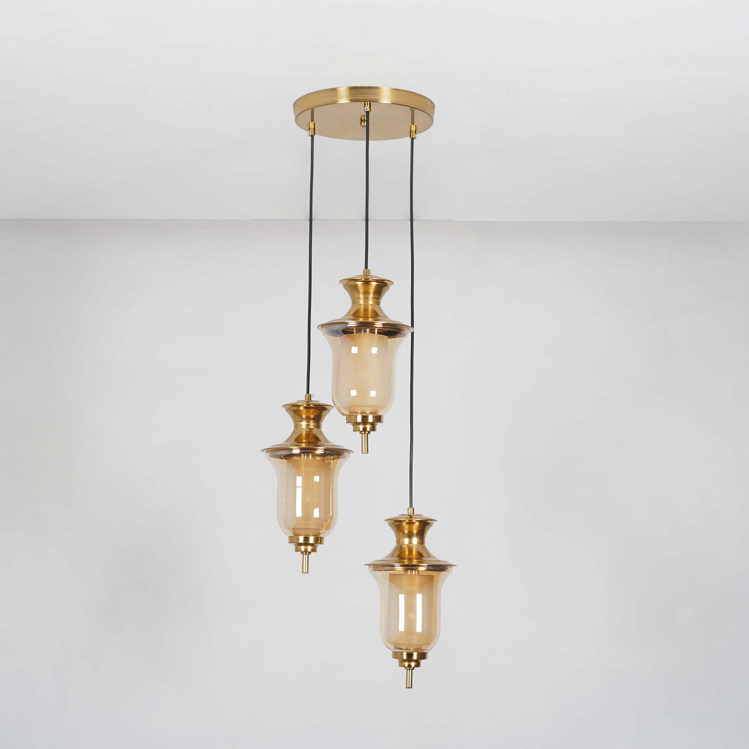 ISLA 3 Light Ceiling Pendant In Brass Finish Metal With Amber And Frosted White Glass Shades