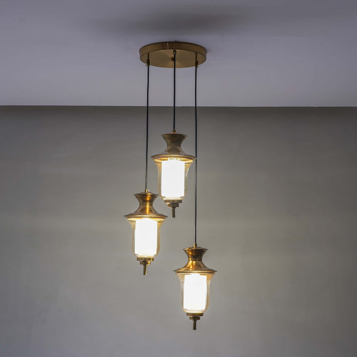 ISLA 3 Light Ceiling Pendant In Brass Finish Metal With Amber And Frosted White Glass Shades