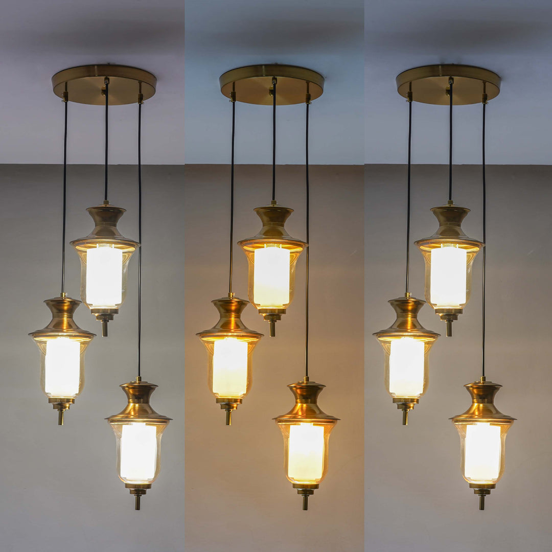 ISLA 3 Light Ceiling Pendant In Brass Finish Metal With Amber And Frosted White Glass Shades