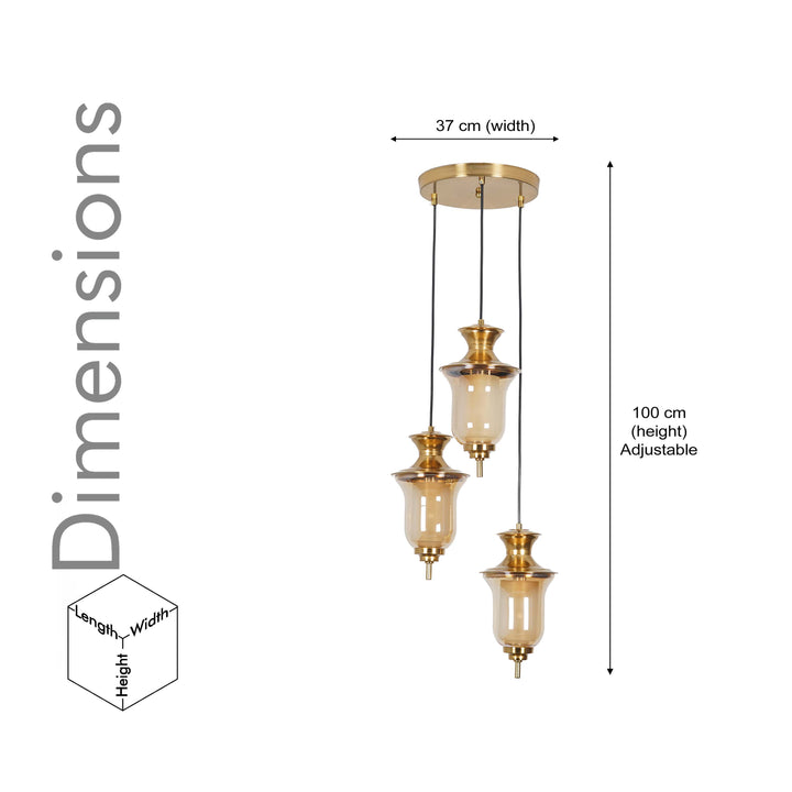 ISLA 3 Light Ceiling Pendant In Brass Finish Metal With Amber And Frosted White Glass Shades
