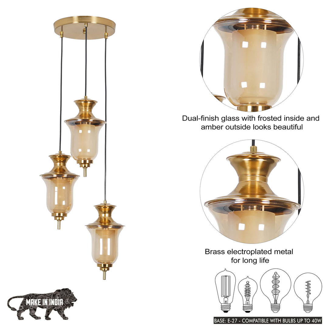 ISLA 3 Light Ceiling Pendant In Brass Finish Metal With Amber And Frosted White Glass Shades