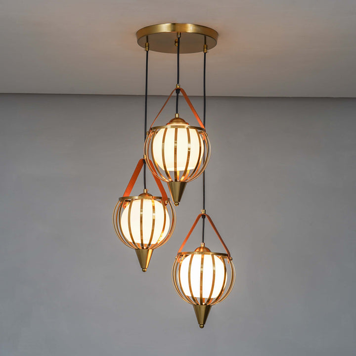 ALFIE 3 Light Ceiling Pendant In Brass Finish Metal And Brown Leather With Frosted White Glass