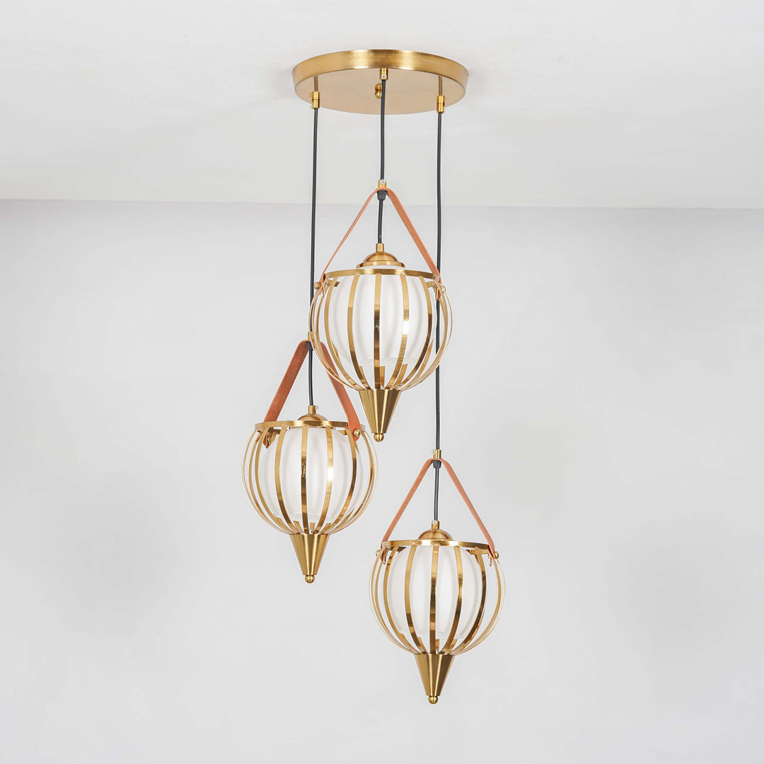 ALFIE 3 Light Ceiling Pendant In Brass Finish Metal And Brown Leather With Frosted White Glass