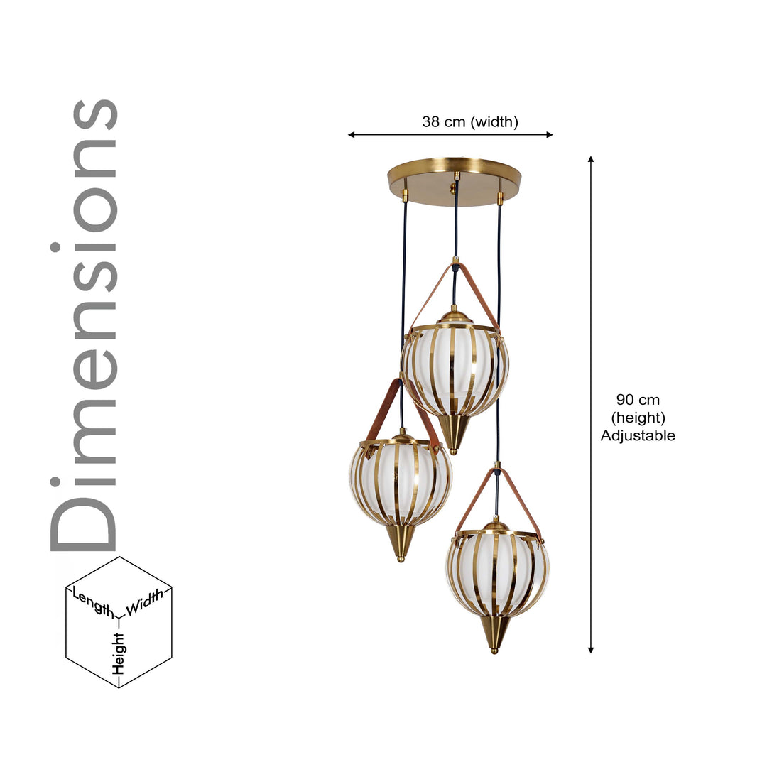 ALFIE 3 Light Ceiling Pendant In Brass Finish Metal And Brown Leather With Frosted White Glass