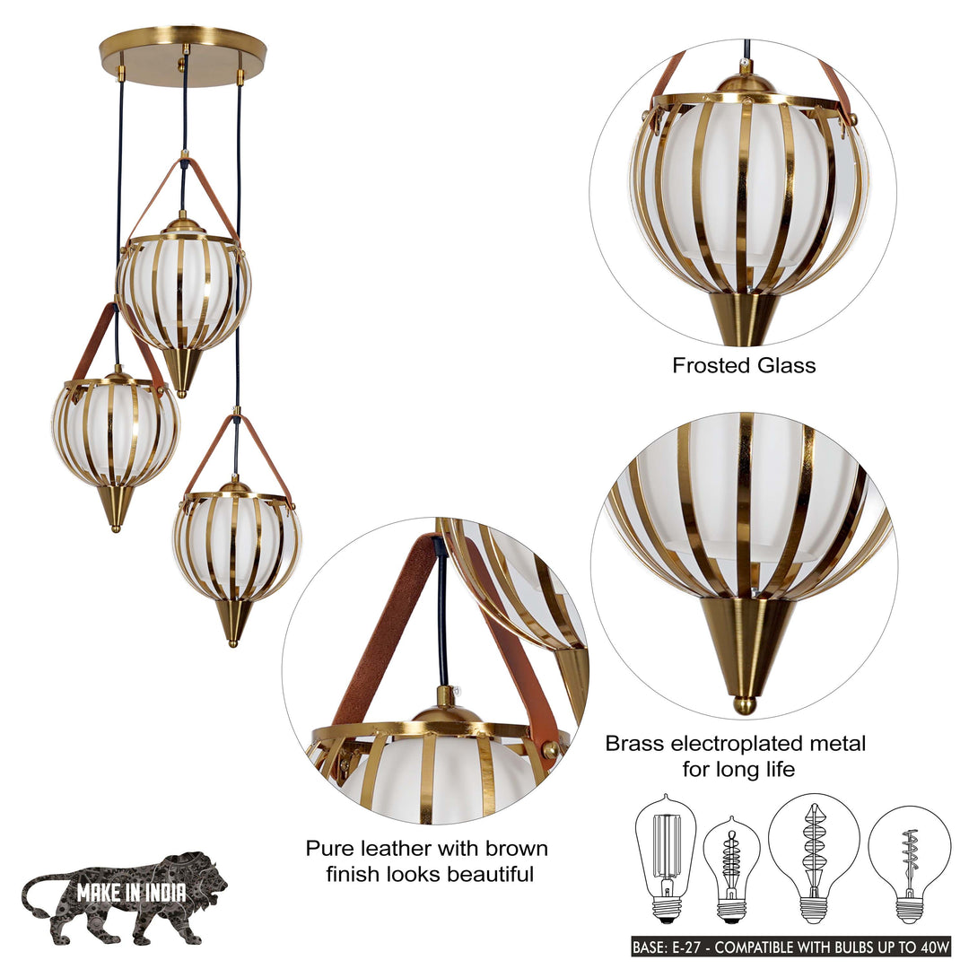 ALFIE 3 Light Ceiling Pendant In Brass Finish Metal And Brown Leather With Frosted White Glass