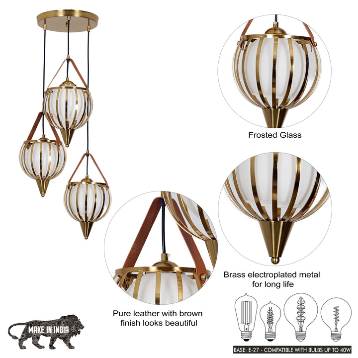 ALFIE 3 Light Ceiling Pendant In Brass Finish Metal And Brown Leather With Frosted White Glass
