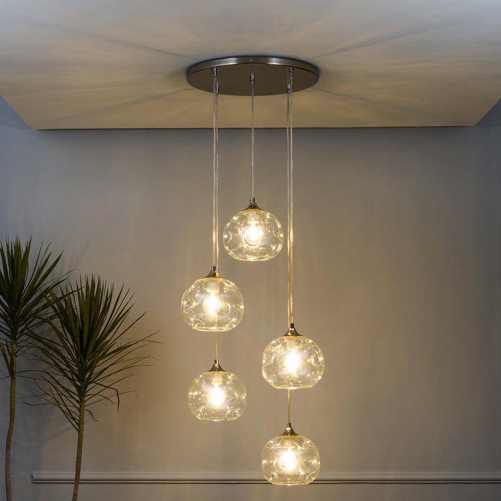 SAVANNAH Modern Five-Light Ceiling Pendant In Stainless Steel With Clear Glass Shade