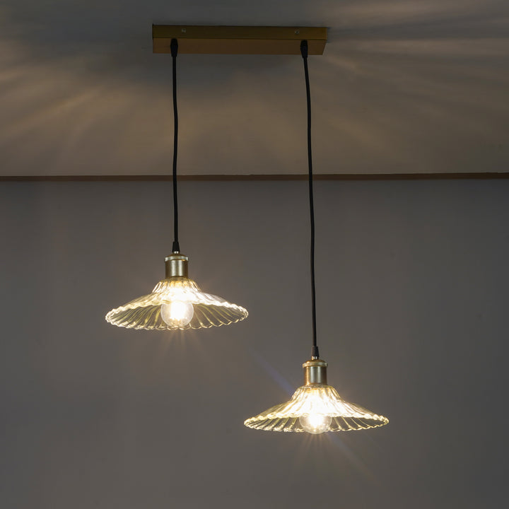 ALVORIA 2-Light Premium Clear Ribbed Glass Pendant  with Brass Finish Metal Base