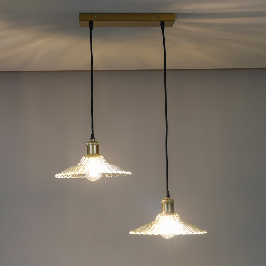 ALVORIA 2-Light Premium Clear Ribbed Glass Pendant  with Brass Finish Metal Base