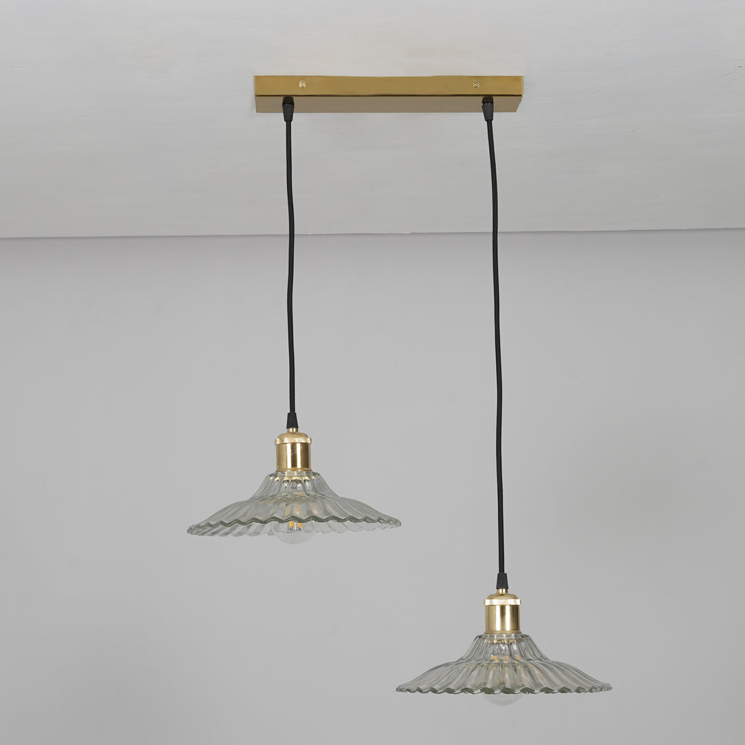 ALVORIA 2-Light Premium Clear Ribbed Glass Pendant  with Brass Finish Metal Base