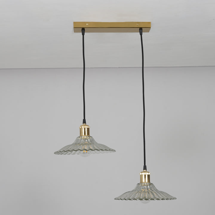 ALVORIA 2-Light Premium Clear Ribbed Glass Pendant  with Brass Finish Metal Base