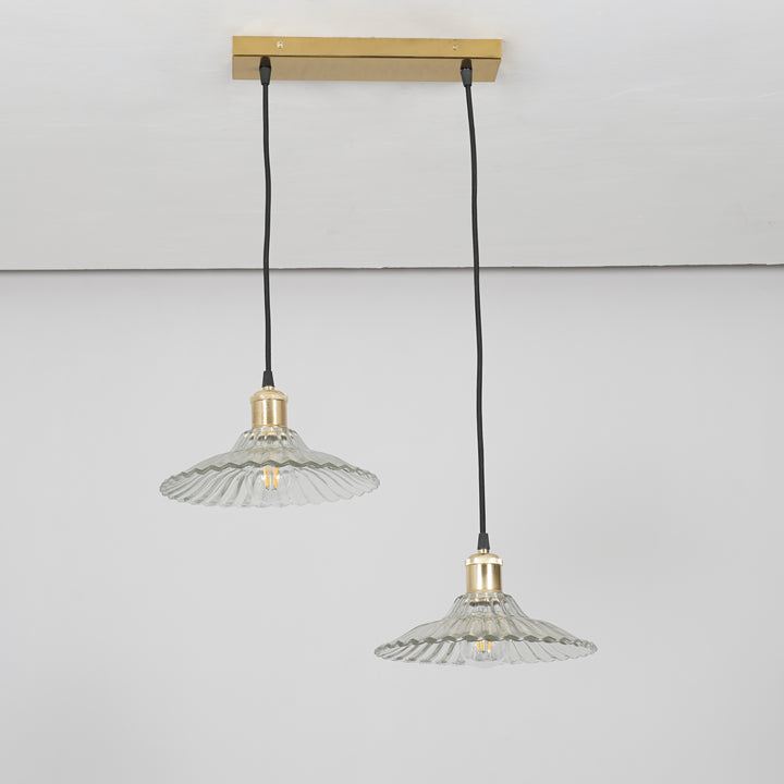 ALVORIA 2-Light Premium Clear Ribbed Glass Pendant  with Brass Finish Metal Base