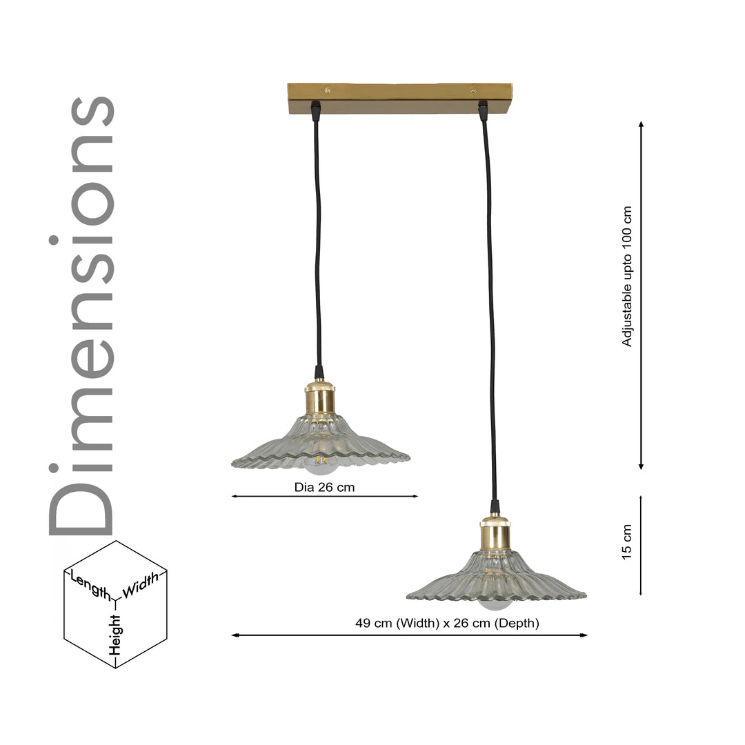 ALVORIA 2-Light Premium Clear Ribbed Glass Pendant  with Brass Finish Metal Base