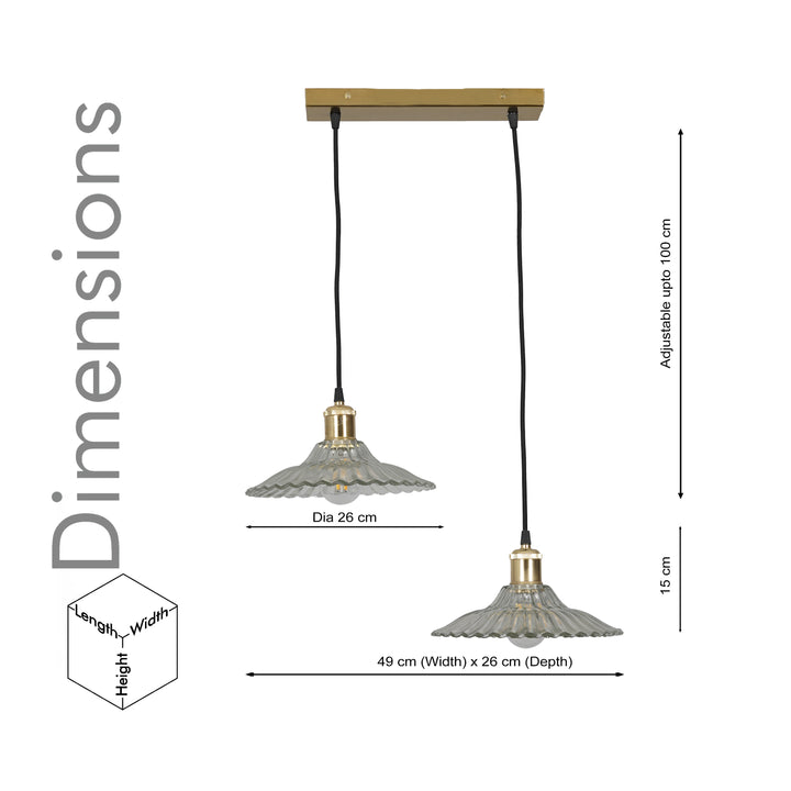 ALVORIA 2-Light Premium Clear Ribbed Glass Pendant  with Brass Finish Metal Base